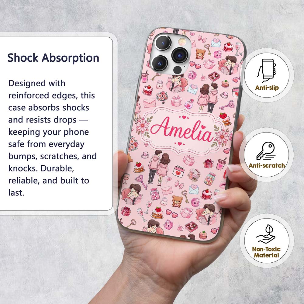 Cute Valentines Couple Love Gifts Light Pink Custom Name Protective Phone Case Mobile Cover Durable Everyday Smartphone Shock Resistant