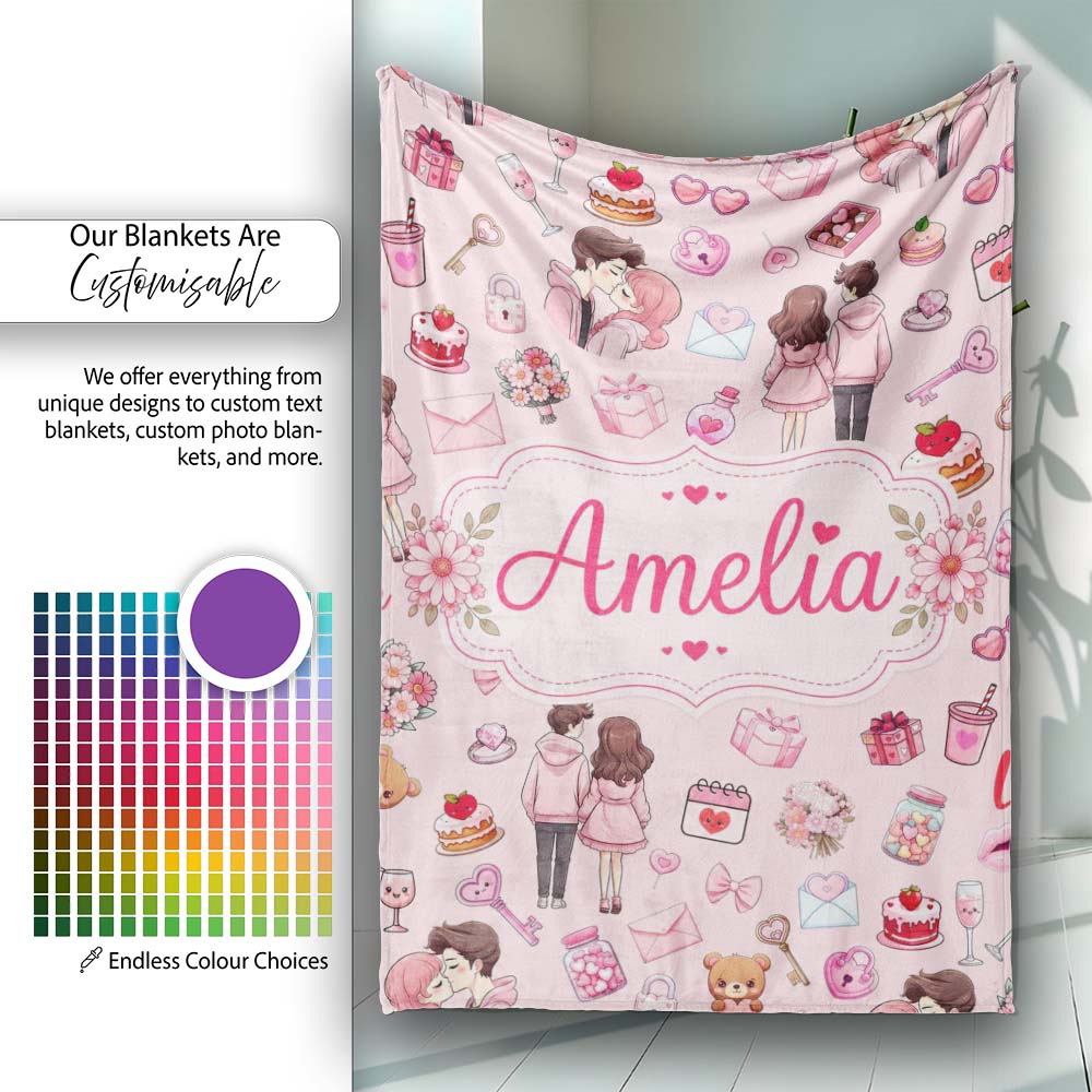 Cute Valentines Couple Love Gifts Light Pink Background Seamless Personalised Custom Name Super Soft Fleece Blanket Bed Sofa Throw