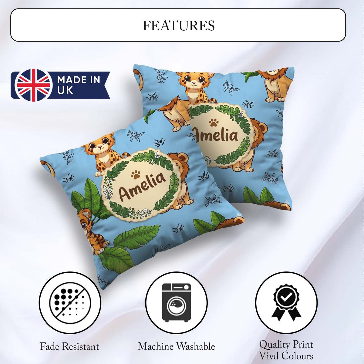 Custom Name Jungle Animals Light Background Seamless Pattern Square Filled Cushion Throw Pillow Sofa Bed Home Decor Zip Washable UK Made