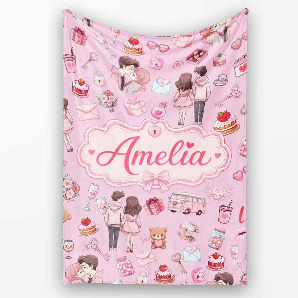 Cute Valentines Couple Love Icon Hearts Soft Pink Background Personalised Custom Name Super Soft Fleece Blanket Bed Sofa Throw