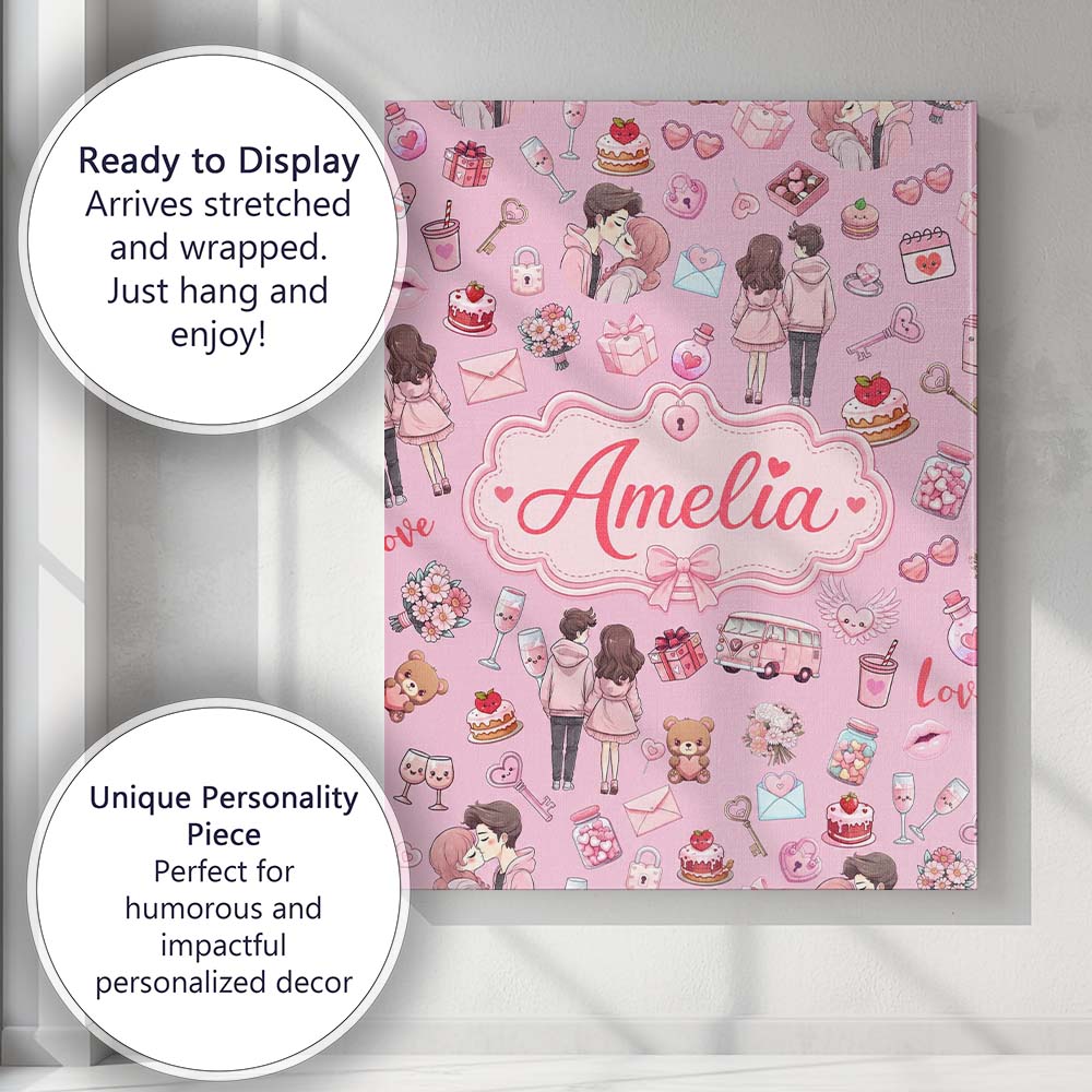 Personalised Name Cute Valentines Couple Custom Unique Gift Idea Elegant Feature Canvas Wall Art Print Decor Picture Ready to Hang