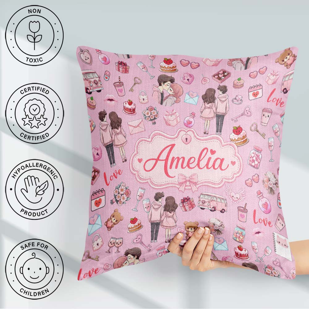 Custom Name Valentines Couple Icon Hearts Soft Pink Background Square Filled Cushion Throw Pillow Sofa Bed Home Decor Zip Washable UK Made