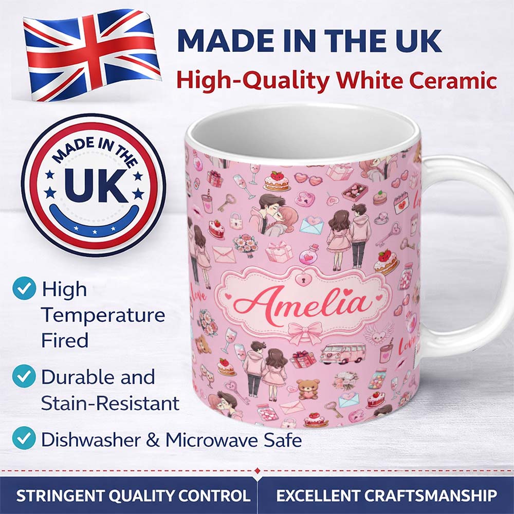 Personalized Custom Name Cute Valentines Couple Love Icon Hearts Soft Pink Background 11oz Ceramic Coffee Tea Mug White Large Handle