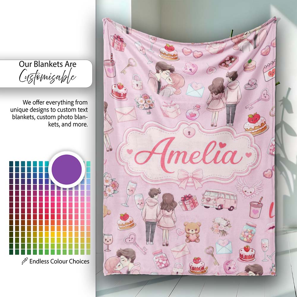 Cute Valentines Couple Love Icon Hearts Soft Pink Background Personalised Custom Name Super Soft Fleece Blanket Bed Sofa Throw