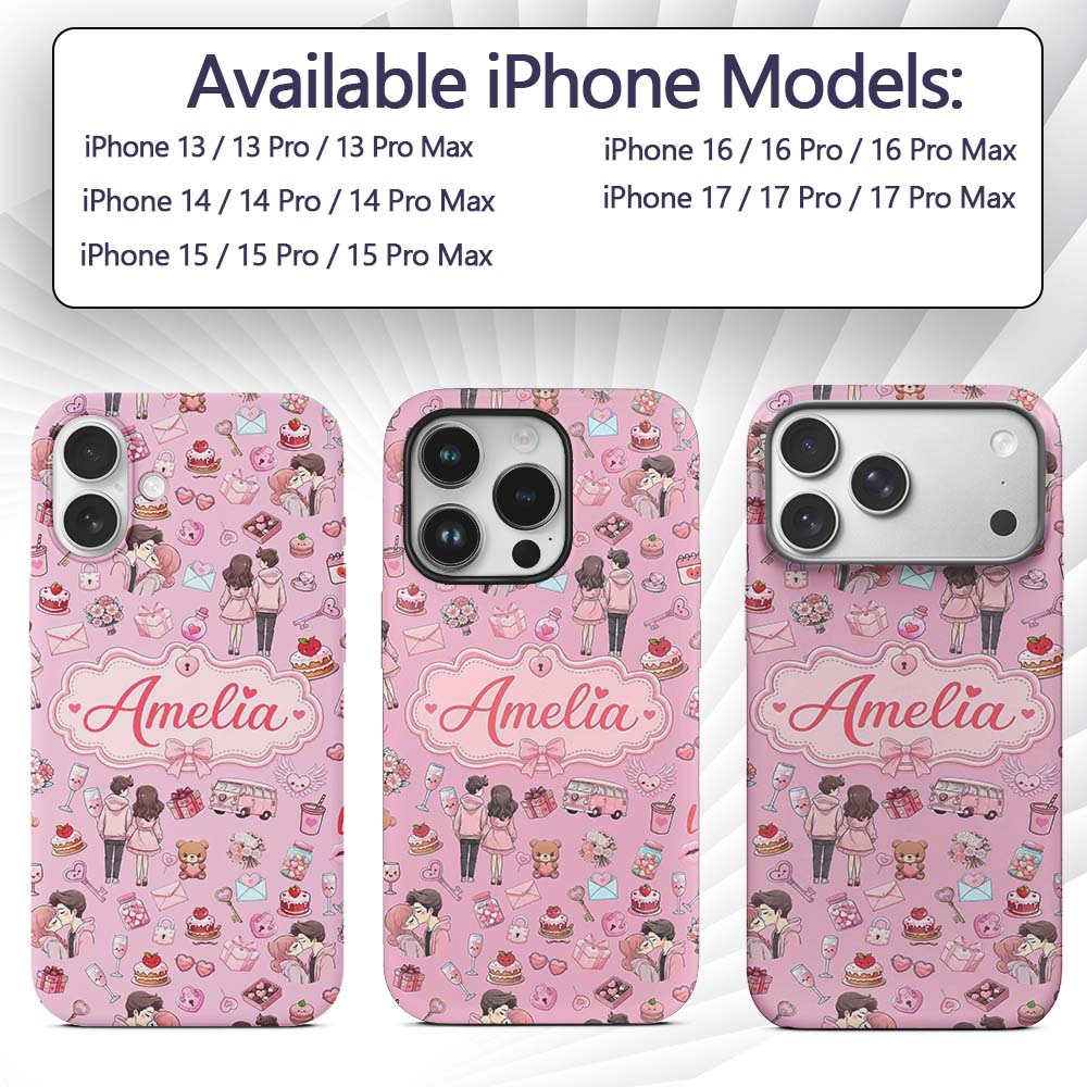 Cute Valentines Couple Love Icon Hearts Soft Pink Custom Name Protective Phone Case Mobile Cover Durable Everyday Smartphone Shock Resistant