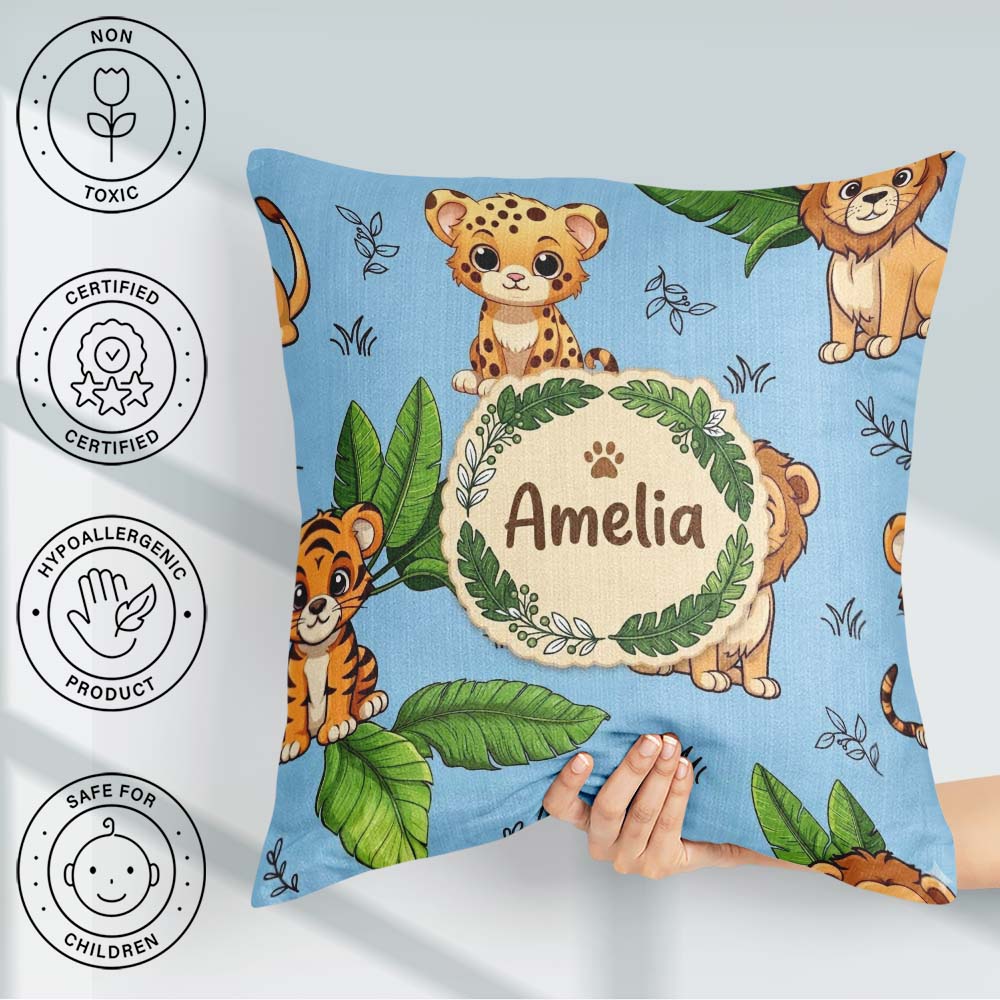 Custom Name Jungle Animals Light Background Seamless Pattern Square Filled Cushion Throw Pillow Sofa Bed Home Decor Zip Washable UK Made