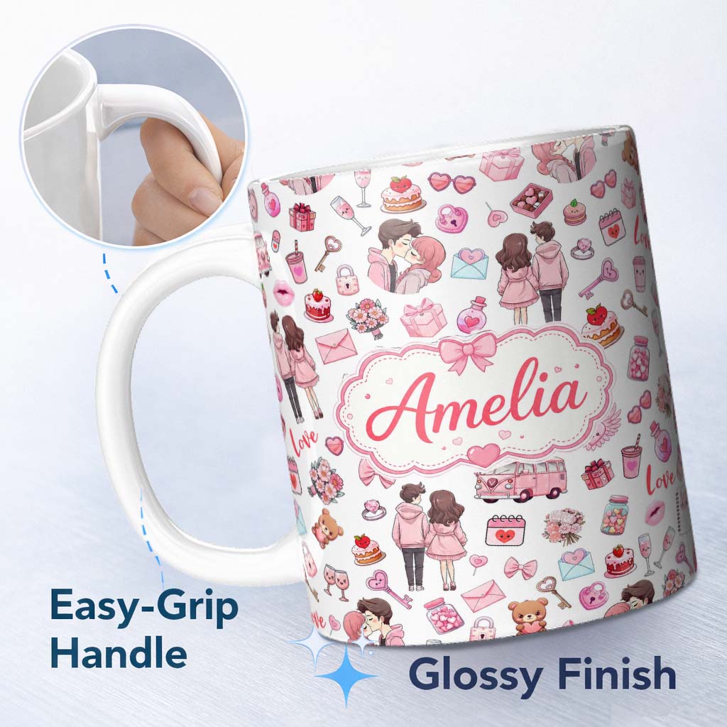 Personalized Custom Name Cute Valentines Couple Love Gifts Hearts Grey Background Seamless 11oz Ceramic Coffee Tea Mug White Large Handle