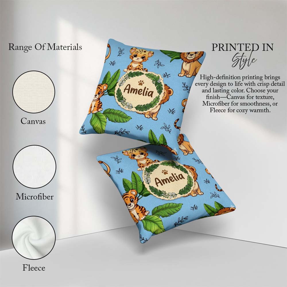 Custom Name Jungle Animals Light Background Seamless Pattern Square Filled Cushion Throw Pillow Sofa Bed Home Decor Zip Washable UK Made