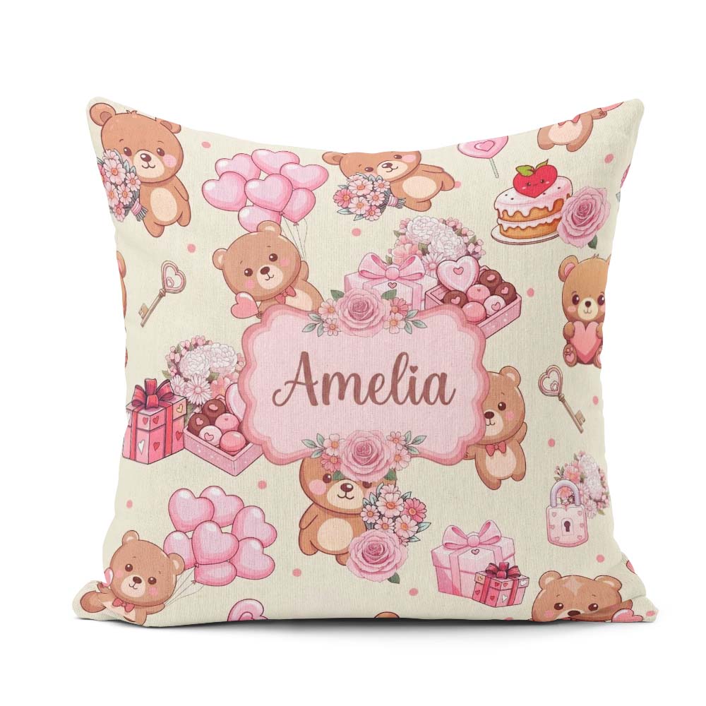 Custom Name Teddy Bears Hearts Gifts Valentines Seamless Pattern Square Filled Cushion Throw Pillow Sofa Bed Home Decor Zip Washable UK Made