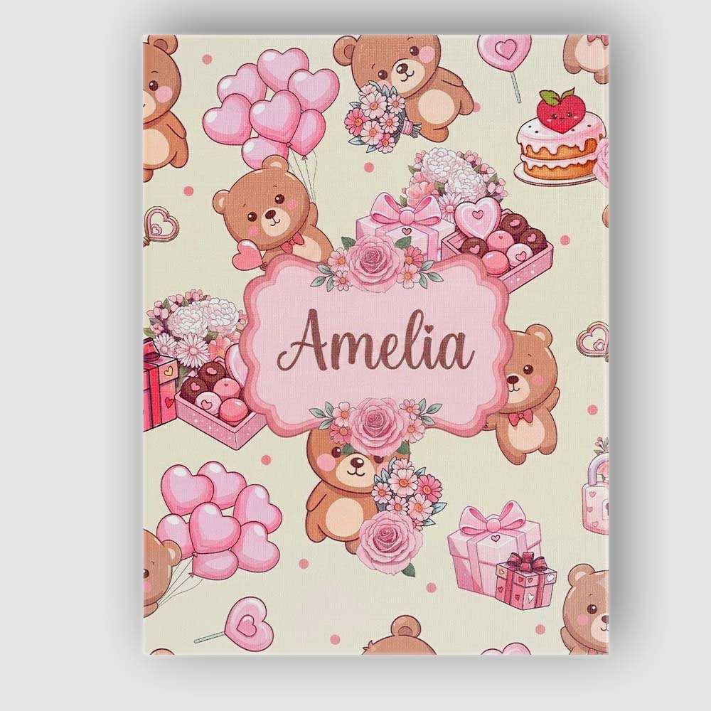 Personalised Name Cute Teddy Bears Hearts Custom Unique Gift Idea Elegant Feature Canvas Wall Art Print Decor Picture Ready to Hang