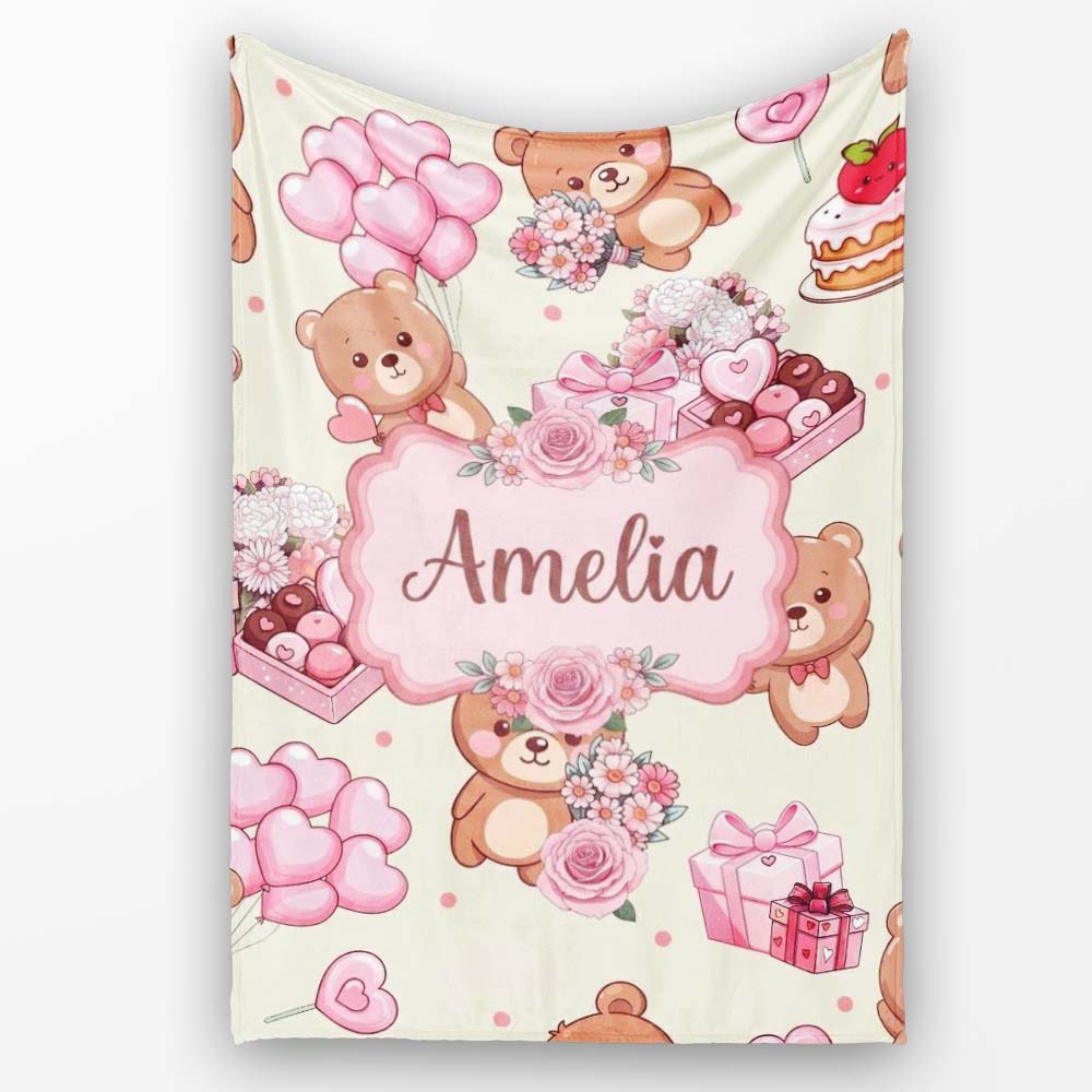 Cute Teddy Bears Hearts Gifts Floral Valentines Seamless Pattern Personalised Custom Name Super Soft Fleece Blanket Bed Sofa Throw