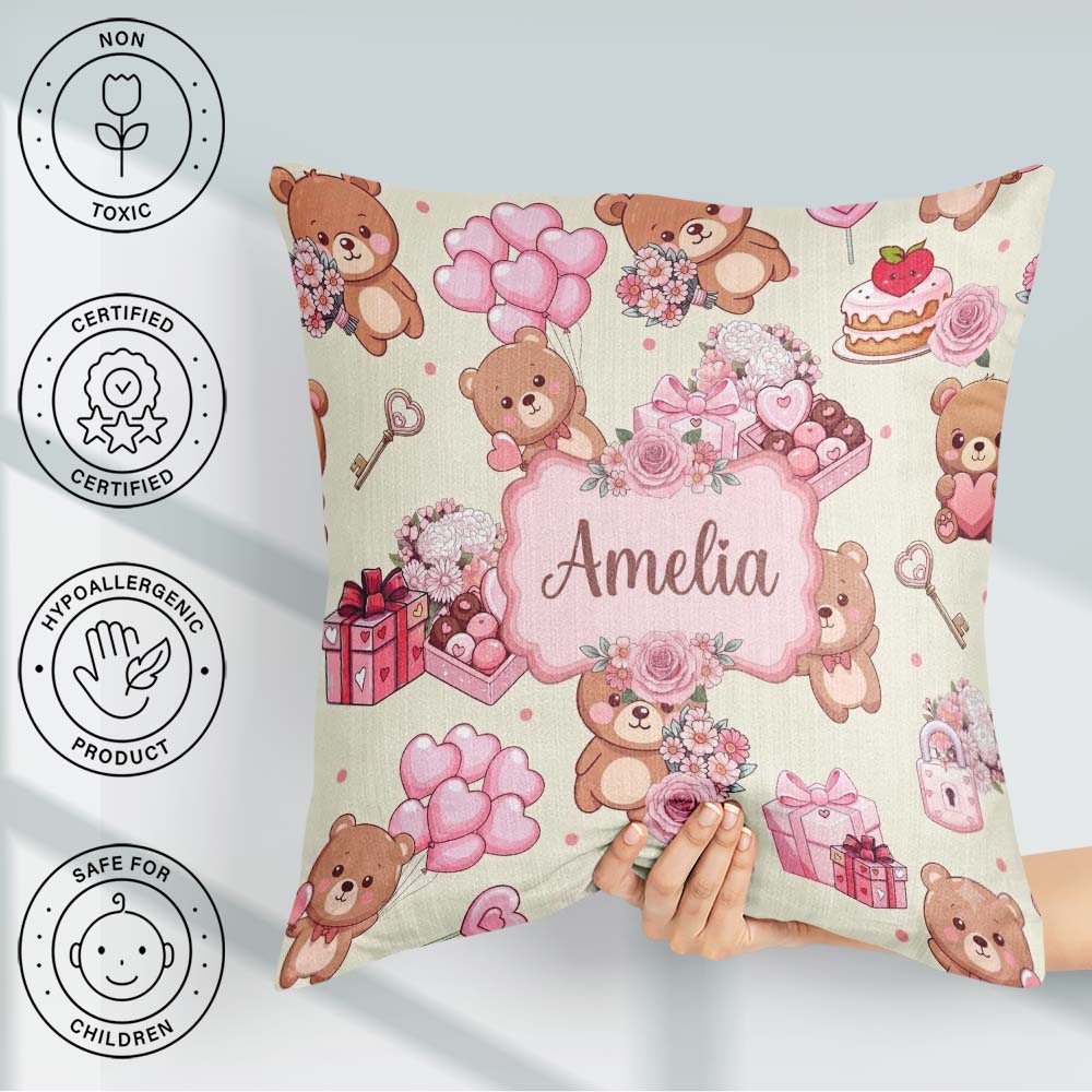 Custom Name Teddy Bears Hearts Gifts Valentines Seamless Pattern Square Filled Cushion Throw Pillow Sofa Bed Home Decor Zip Washable UK Made