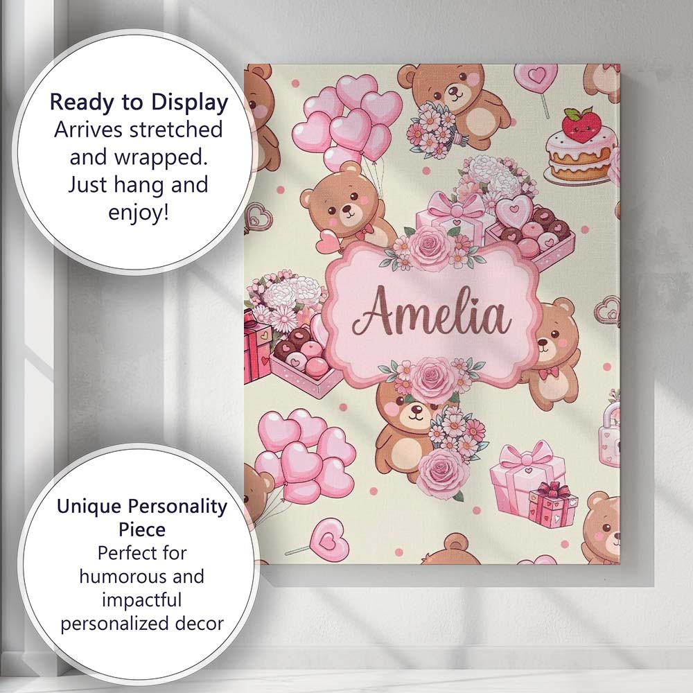 Personalised Name Cute Teddy Bears Hearts Custom Unique Gift Idea Elegant Feature Canvas Wall Art Print Decor Picture Ready to Hang