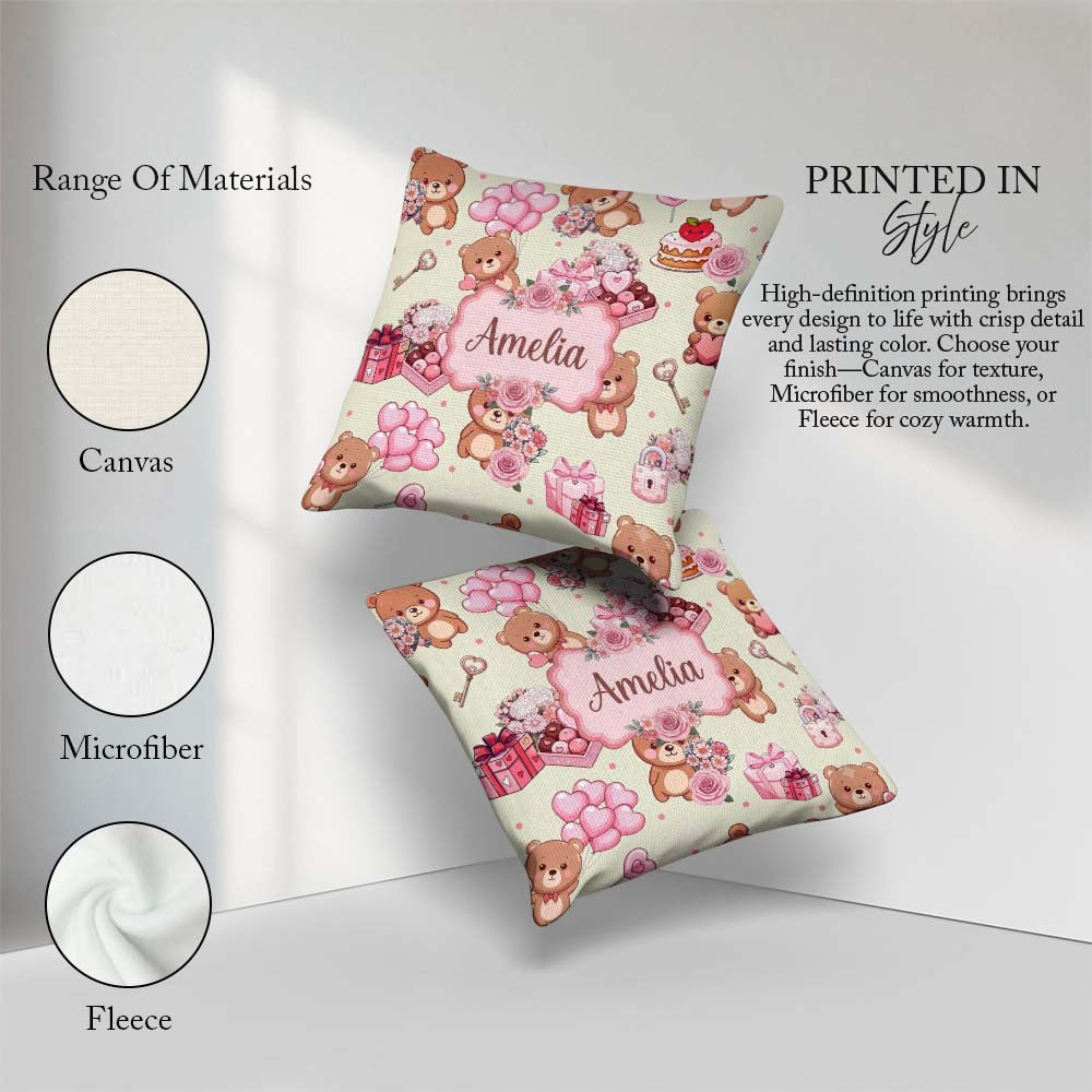 Custom Name Teddy Bears Hearts Gifts Valentines Seamless Pattern Square Filled Cushion Throw Pillow Sofa Bed Home Decor Zip Washable UK Made