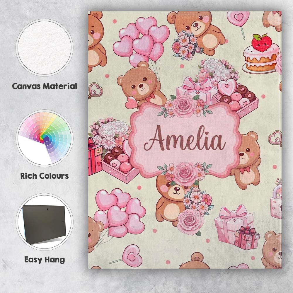 Personalised Name Cute Teddy Bears Hearts Custom Unique Gift Idea Elegant Feature Canvas Wall Art Print Decor Picture Ready to Hang