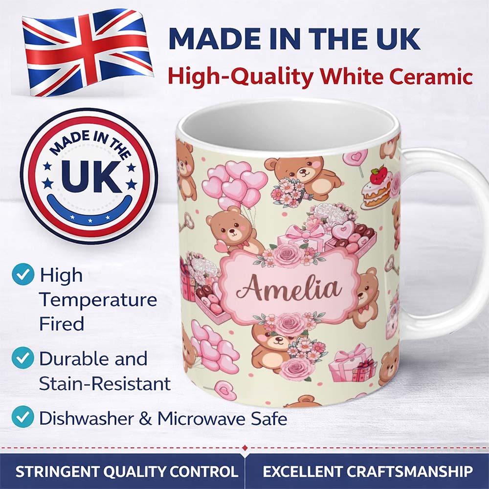 Personalized Custom Name Cute Teddy Bears Hearts Gifts Floral Valentines Seamless Pattern 11oz Ceramic Coffee Tea Mug White Large Handle