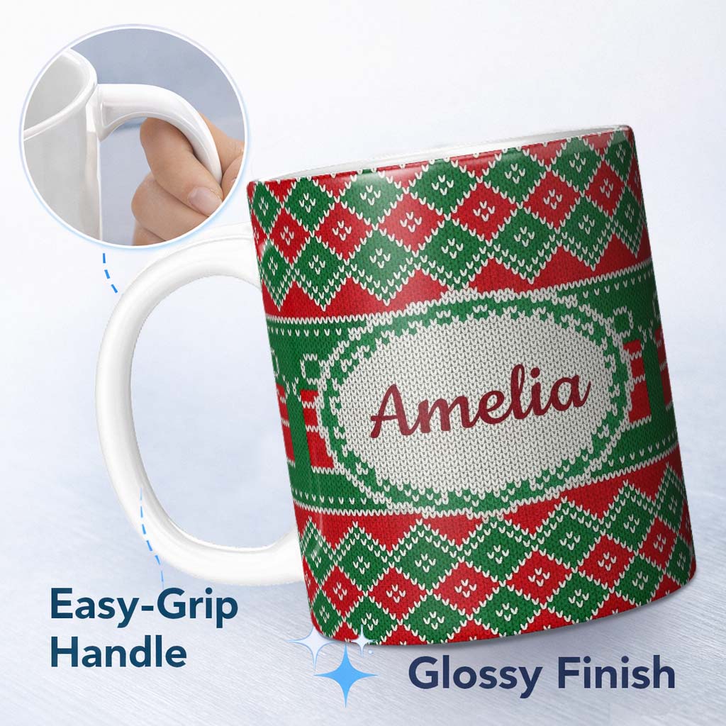 Personalized Custom Name Cute Green Red Knitted Gift Box Nordic Christmas Seamless Pattern 11oz Ceramic Coffee Tea Mug White Large Handle