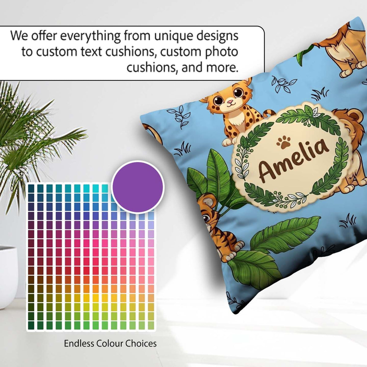 Custom Name Jungle Animals Light Background Seamless Pattern Square Filled Cushion Throw Pillow Sofa Bed Home Decor Zip Washable UK Made