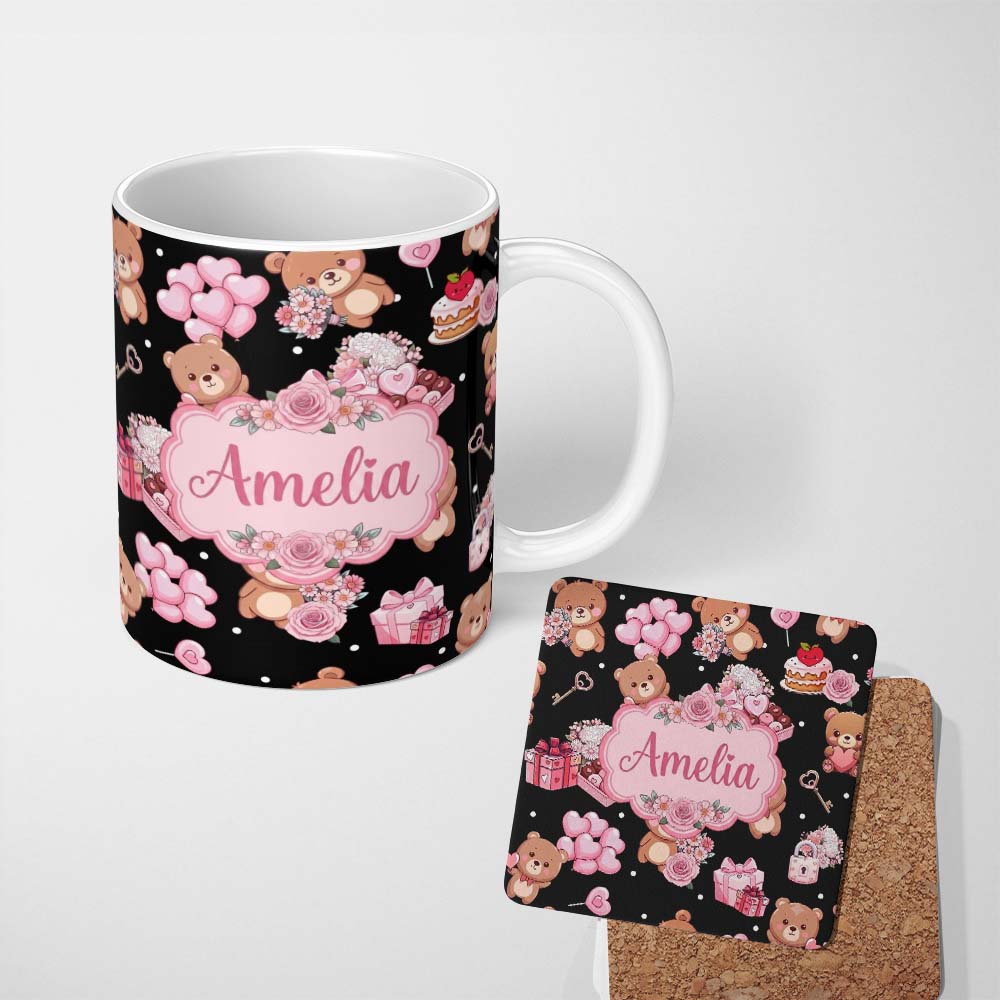 Personalized Custom Name Cute Teddy Bears Heart Gift Floral Black Background Valentines 11oz Ceramic Coffee Tea Mug White Large Handle