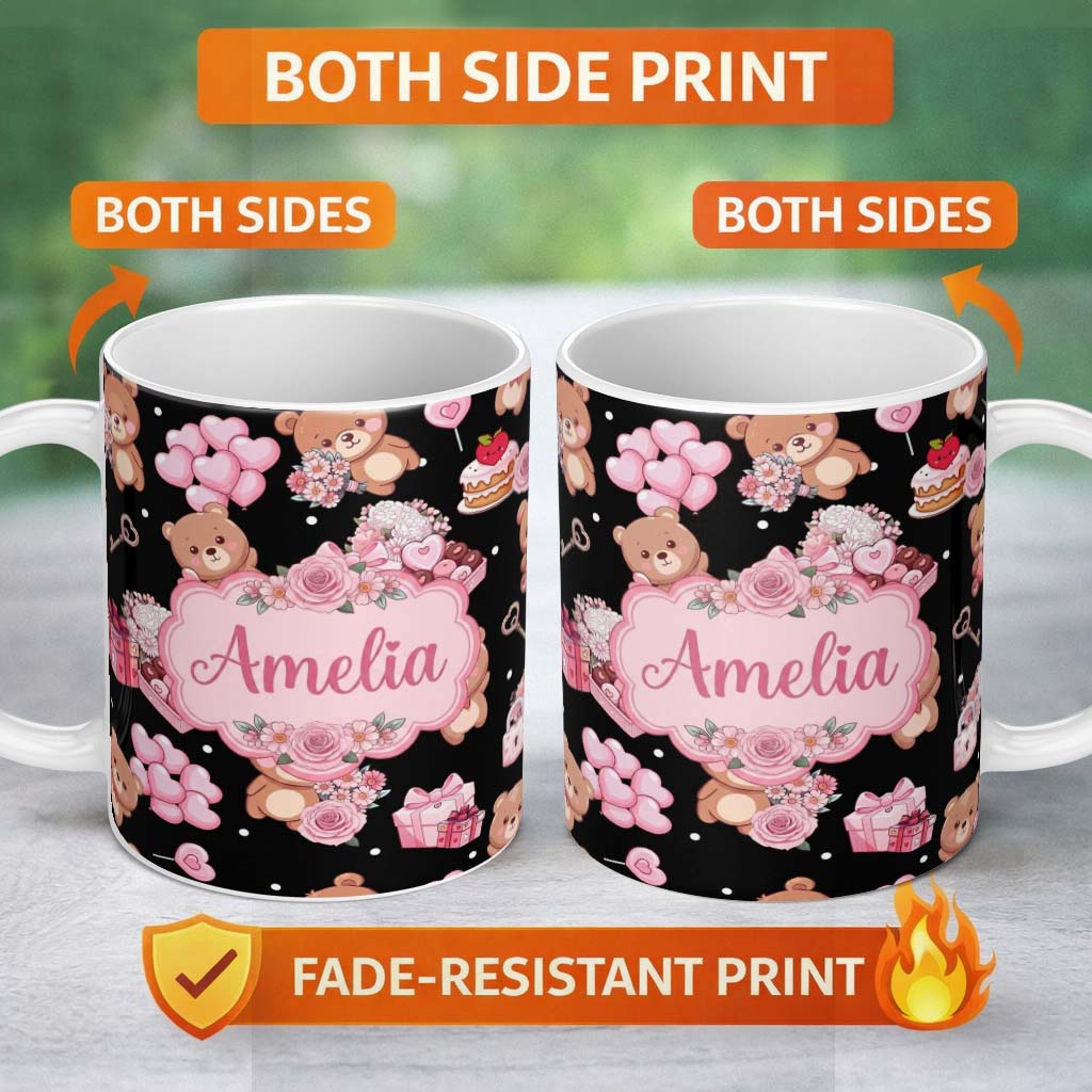 Personalized Custom Name Cute Teddy Bears Heart Gift Floral Black Background Valentines 11oz Ceramic Coffee Tea Mug White Large Handle