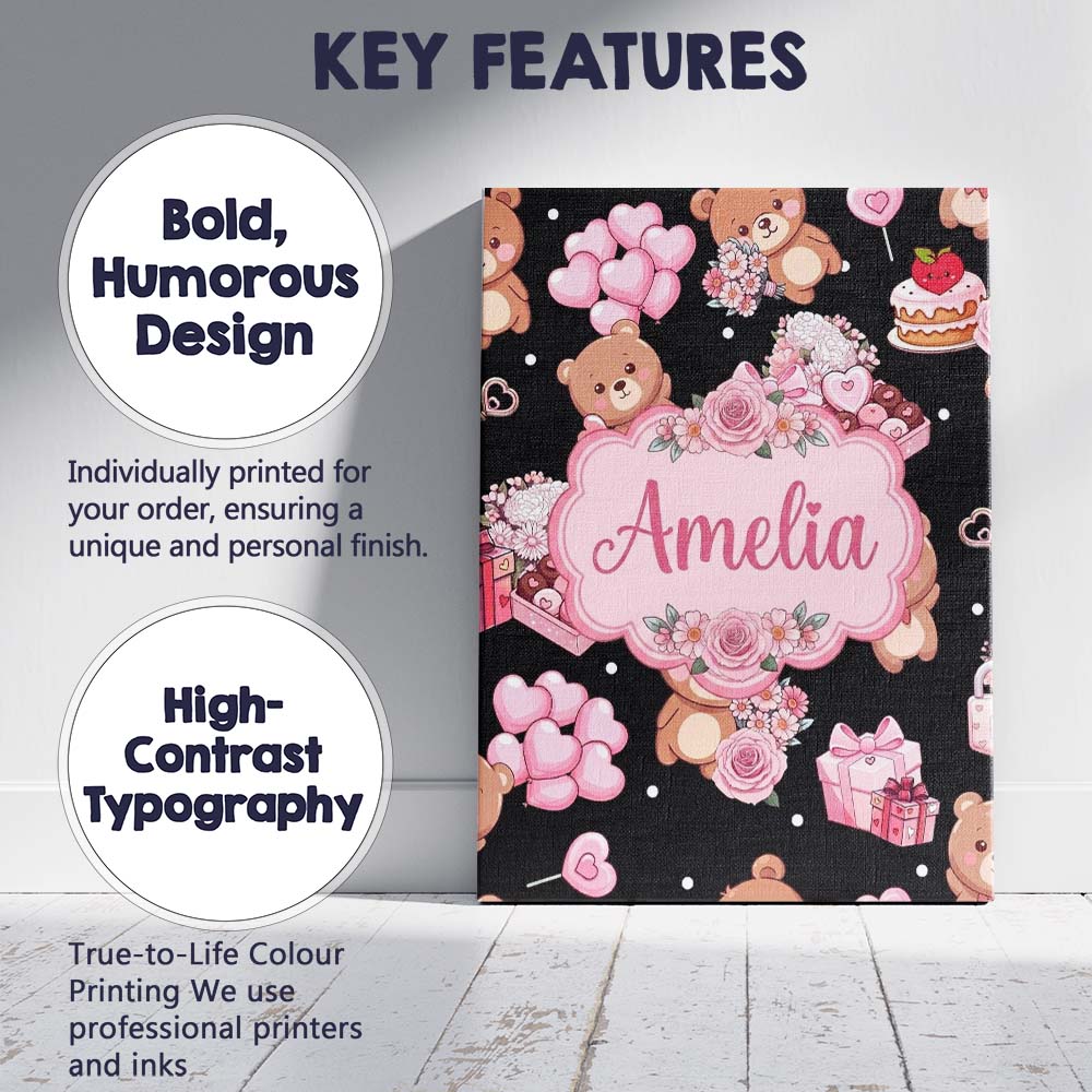 Personalised Name Cute Teddy Bears Heart Custom Unique Gift Idea Elegant Feature Canvas Wall Art Print Decor Picture Ready to Hang
