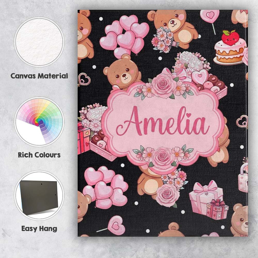 Personalised Name Cute Teddy Bears Heart Custom Unique Gift Idea Elegant Feature Canvas Wall Art Print Decor Picture Ready to Hang