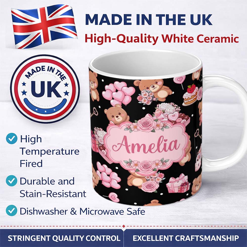 Personalized Custom Name Cute Teddy Bears Heart Gift Floral Black Background Valentines 11oz Ceramic Coffee Tea Mug White Large Handle