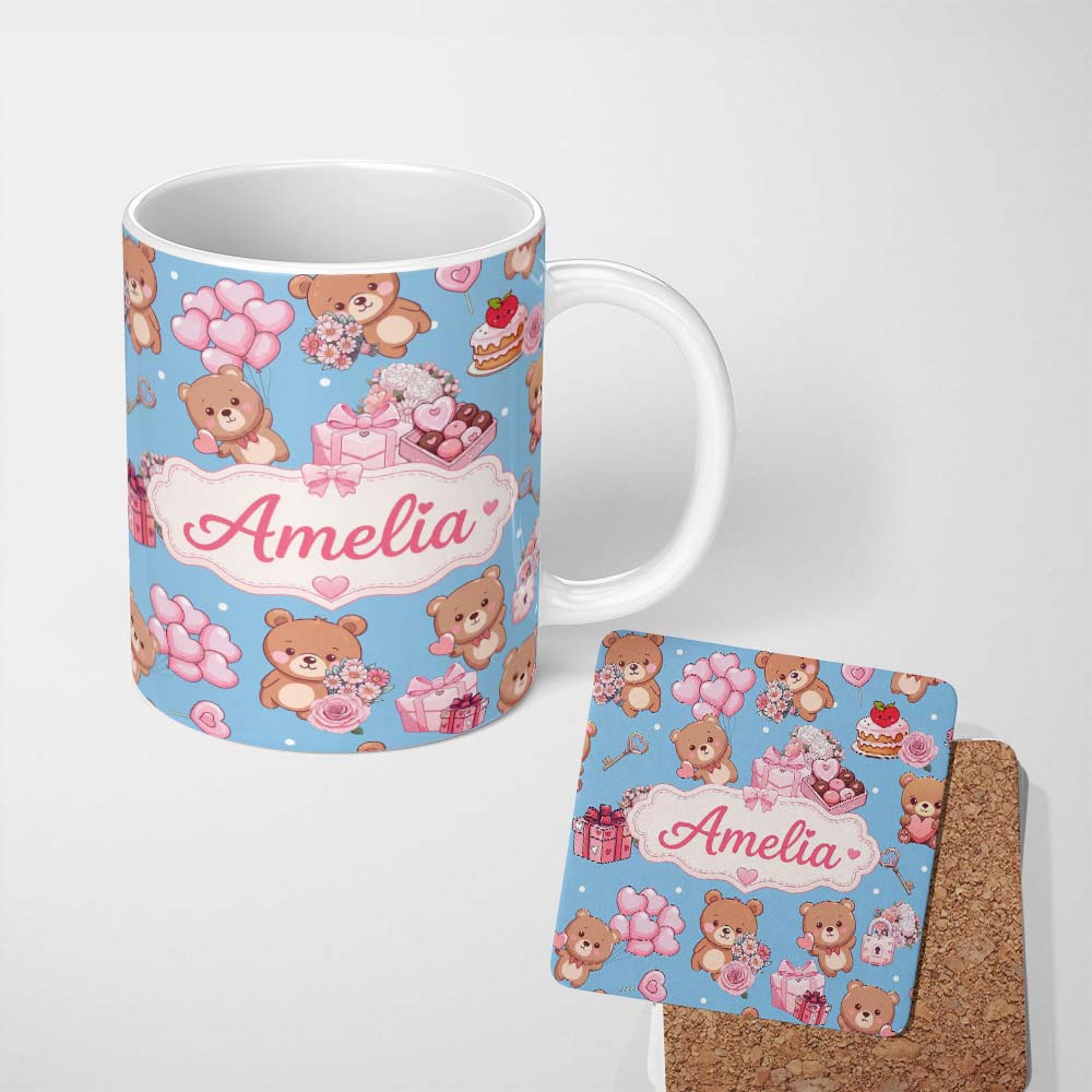 Personalized Custom Name Cute Teddy Bears Hearts Gift Floral Blue Background Valentines 11oz Ceramic Coffee Tea Mug White Large Handle