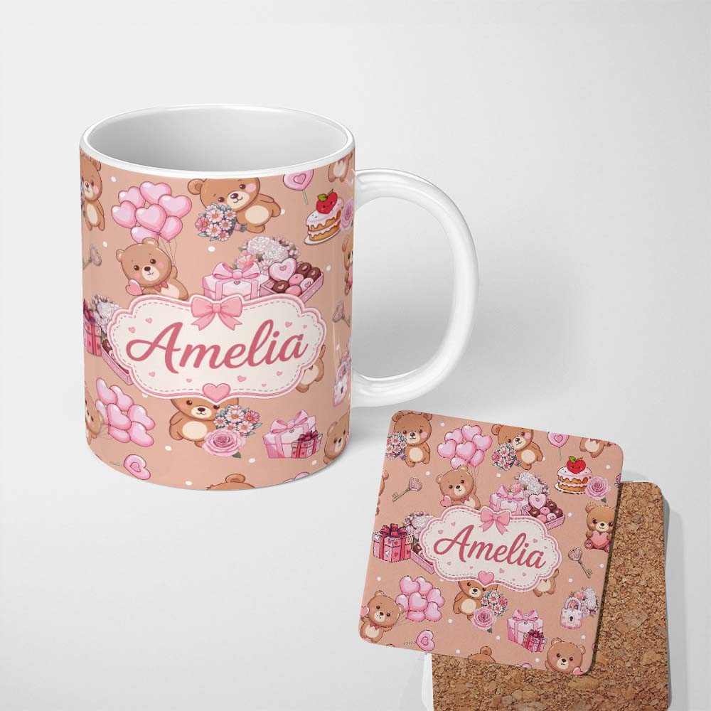 Personalized Custom Name Cute Teddy Bears Hearts Floral Beige Background Valentines Seamless 11oz Ceramic Coffee Tea Mug White Large Handle