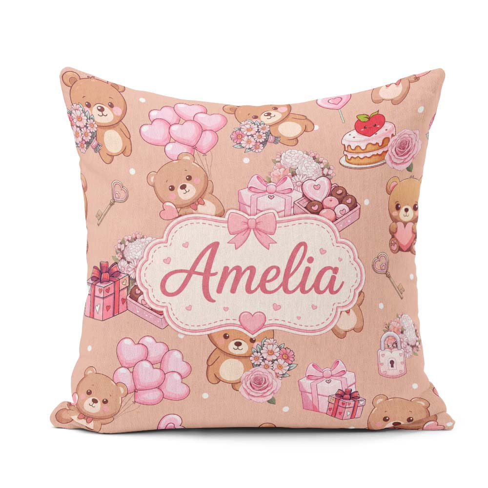 Custom Name Teddy Bears Hearts Floral Beige Background Seamless Square Filled Cushion Throw Pillow Sofa Bed Home Decor Zip Washable UK Made