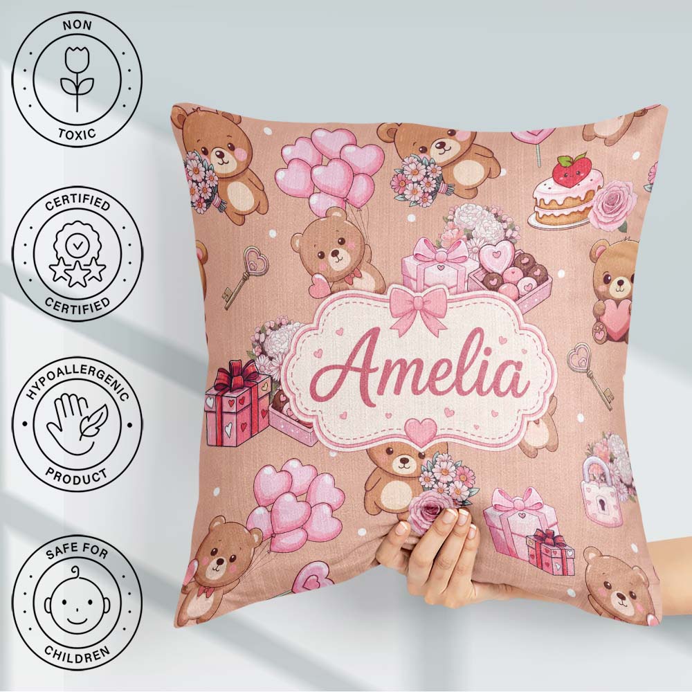 Custom Name Teddy Bears Hearts Floral Beige Background Seamless Square Filled Cushion Throw Pillow Sofa Bed Home Decor Zip Washable UK Made
