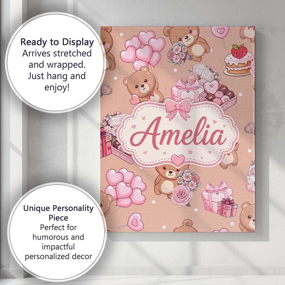 Personalised Name Cute Teddy Bears Hearts Custom Unique Gift Idea Elegant Feature Canvas Wall Art Print Decor Picture Ready to Hang