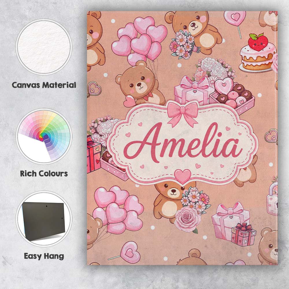 Personalised Name Cute Teddy Bears Hearts Custom Unique Gift Idea Elegant Feature Canvas Wall Art Print Decor Picture Ready to Hang