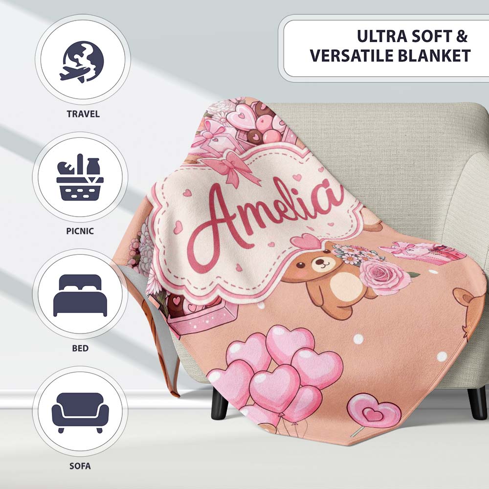 Cute Teddy Bears Hearts Floral Beige Background Valentines Seamless Personalised Custom Name Super Soft Fleece Blanket Bed Sofa Throw