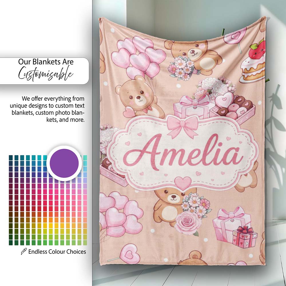 Cute Teddy Bears Hearts Floral Beige Background Valentines Seamless Personalised Custom Name Super Soft Fleece Blanket Bed Sofa Throw