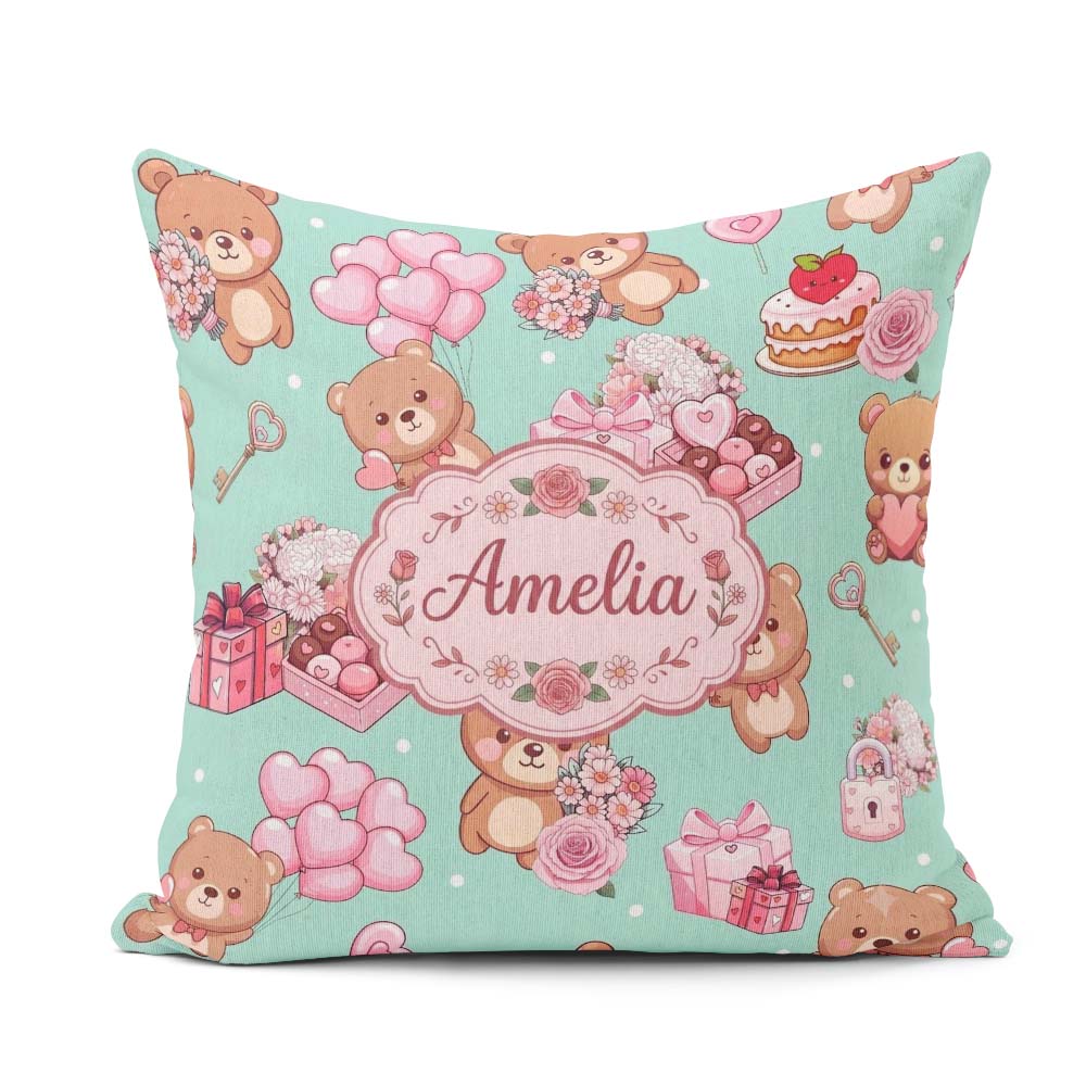Custom Name Teddy Bears Hearts Balloons Gifts Valentines Pattern Square Filled Cushion Throw Pillow Sofa Bed Home Decor Zip Washable UK Made