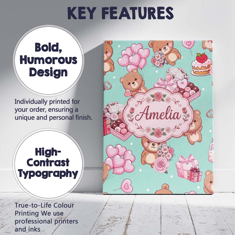 Personalised Name Cute Teddy Bears Hearts Custom Unique Gift Idea Elegant Feature Canvas Wall Art Print Decor Picture Ready to Hang
