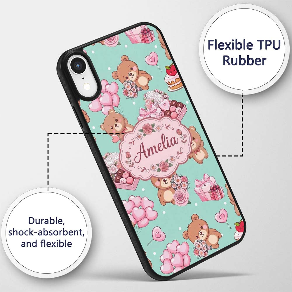 Cute Teddy Bears Hearts Balloons Gifts Valentines Custom Name Protective Phone Case Mobile Cover Durable Everyday Smartphone Shock Resistant