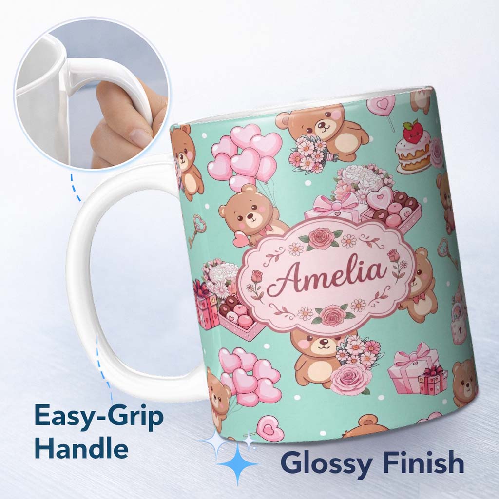 Personalized Custom Name Cute Teddy Bears Hearts Balloons Gifts Valentines Seamless Pattern 11oz Ceramic Coffee Tea Mug White Large Handle
