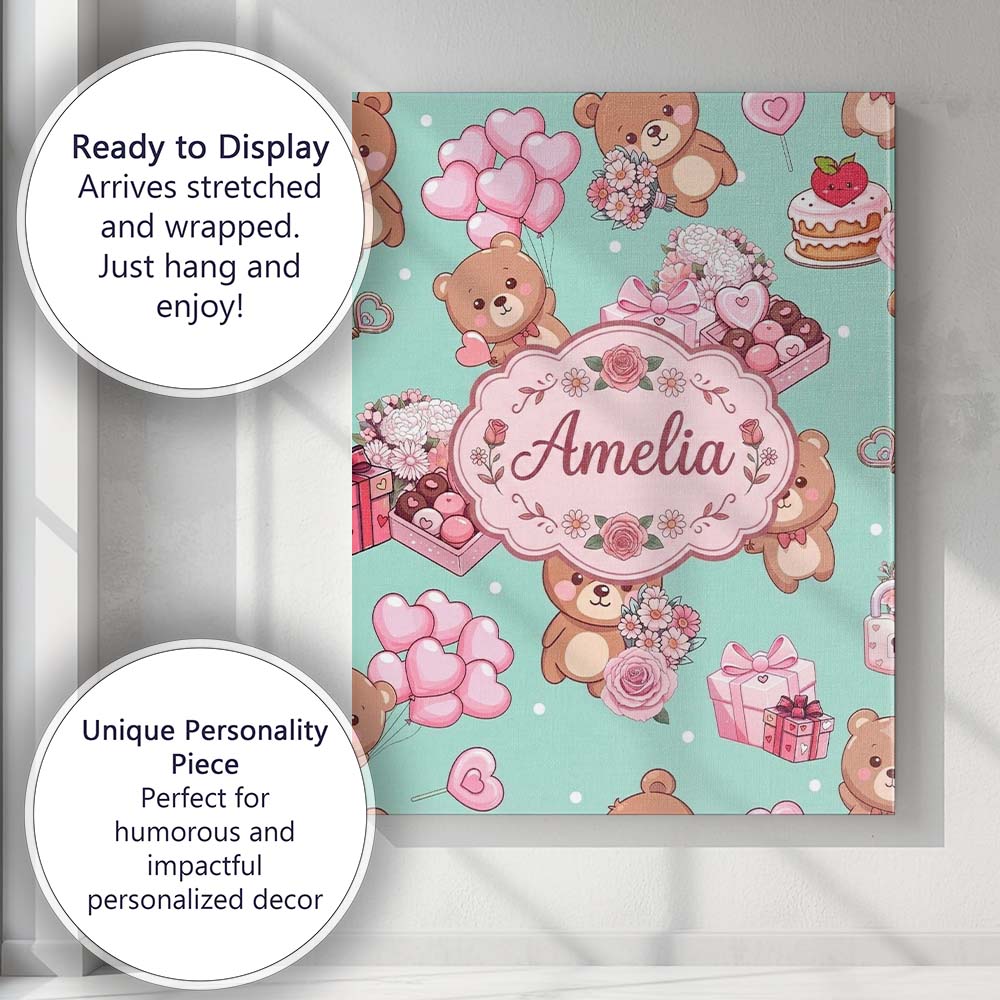 Personalised Name Cute Teddy Bears Hearts Custom Unique Gift Idea Elegant Feature Canvas Wall Art Print Decor Picture Ready to Hang