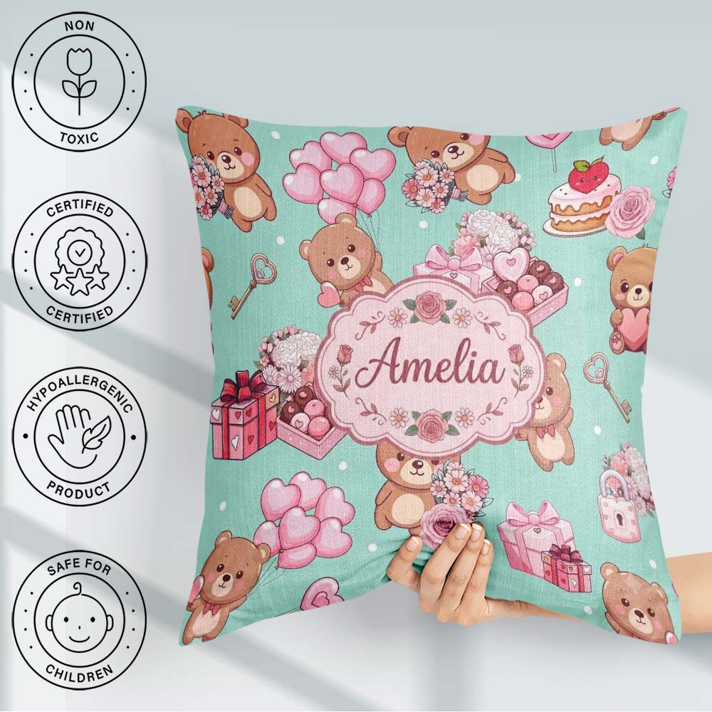 Custom Name Teddy Bears Hearts Balloons Gifts Valentines Pattern Square Filled Cushion Throw Pillow Sofa Bed Home Decor Zip Washable UK Made