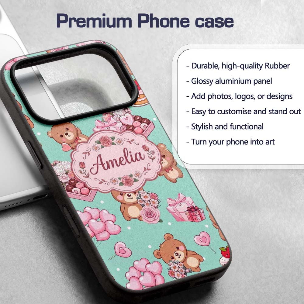 Cute Teddy Bears Hearts Balloons Gifts Valentines Custom Name Protective Phone Case Mobile Cover Durable Everyday Smartphone Shock Resistant