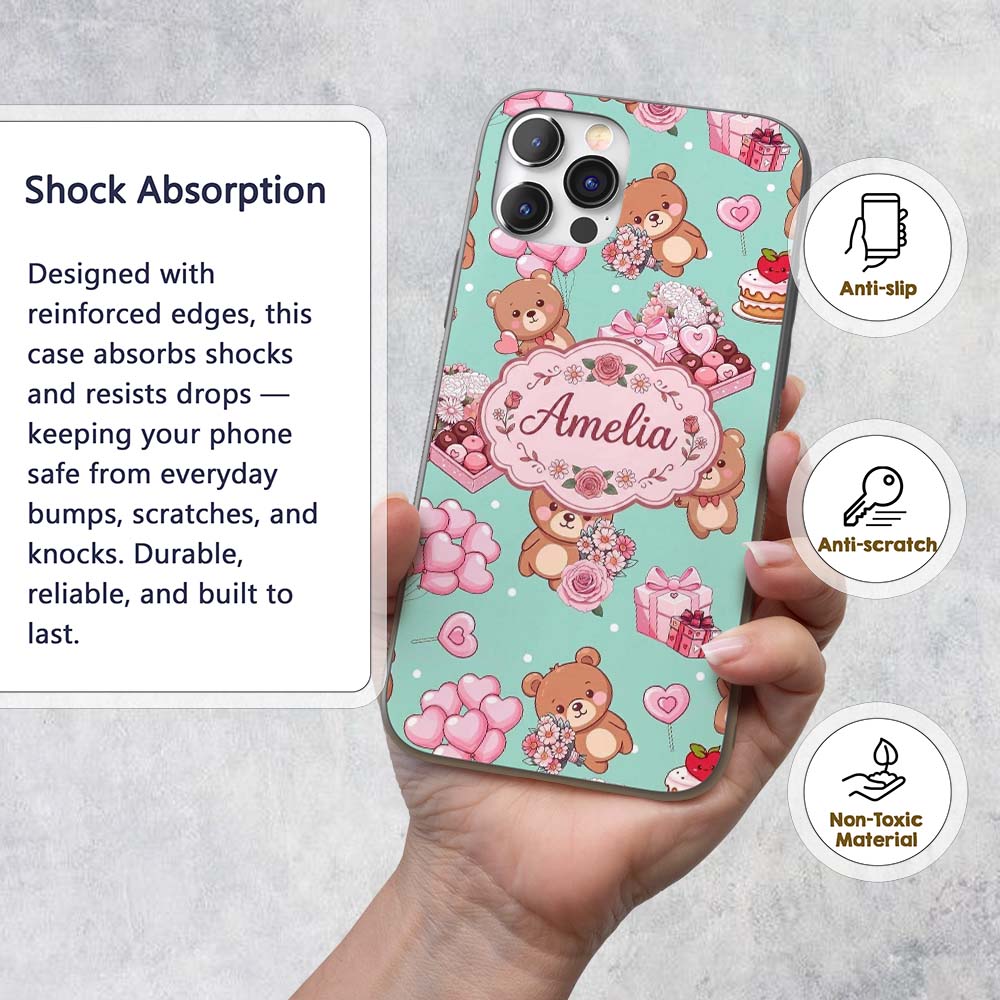Cute Teddy Bears Hearts Balloons Gifts Valentines Custom Name Protective Phone Case Mobile Cover Durable Everyday Smartphone Shock Resistant