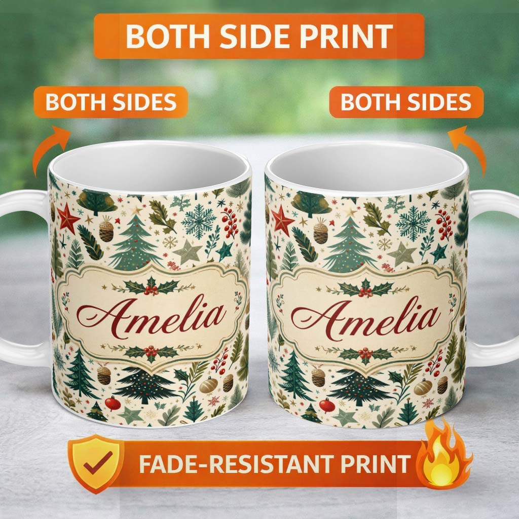 Personalized Custom Name Modern Christmas Trees Holly Leaves Snowflakes Winter Seamless 11oz Ceramic Coffee Tea Mug White Large Handle