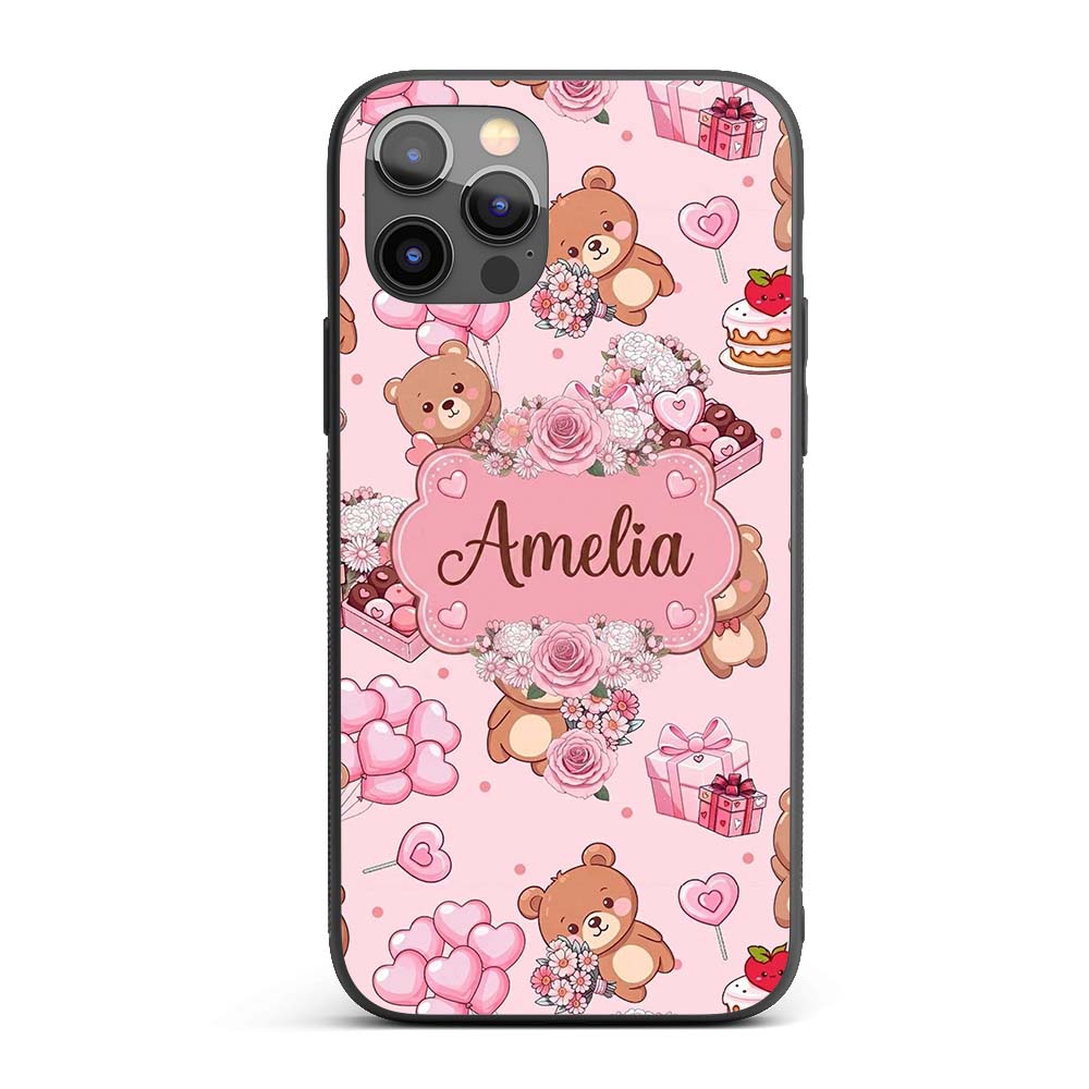 Cute Teddy Bears Hearts Balloons Printed Design Custom Name Protective Phone Case Mobile Cover Durable Everyday Smartphone Shock Resistant