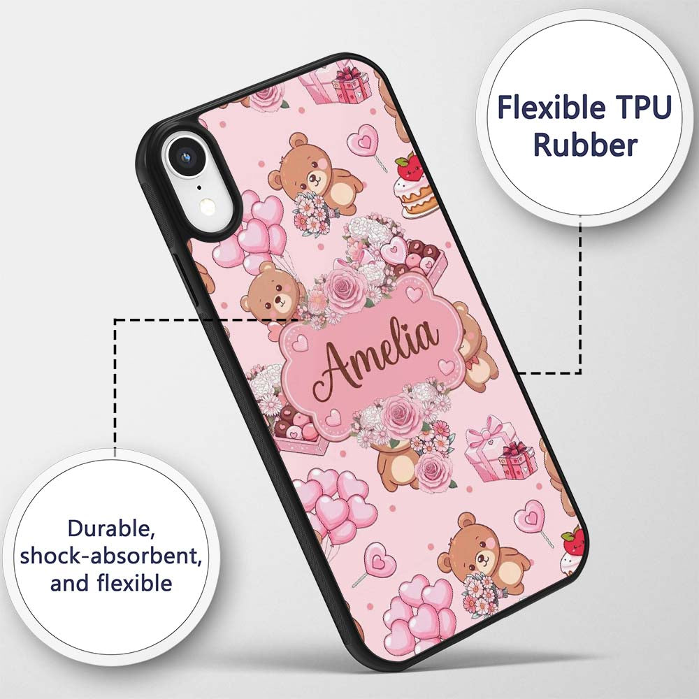 Cute Teddy Bears Hearts Balloons Printed Design Custom Name Protective Phone Case Mobile Cover Durable Everyday Smartphone Shock Resistant