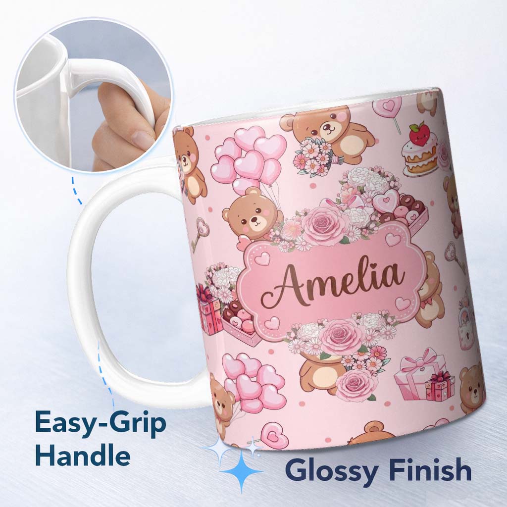 Personalized Custom Name Cute Teddy Bears Hearts Balloons Gifts Pink Background Seamless 11oz Ceramic Coffee Tea Mug White Large Handle