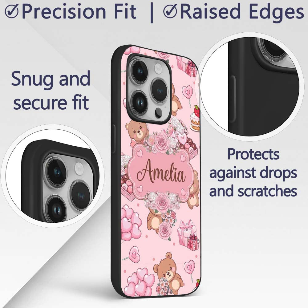 Cute Teddy Bears Hearts Balloons Printed Design Custom Name Protective Phone Case Mobile Cover Durable Everyday Smartphone Shock Resistant