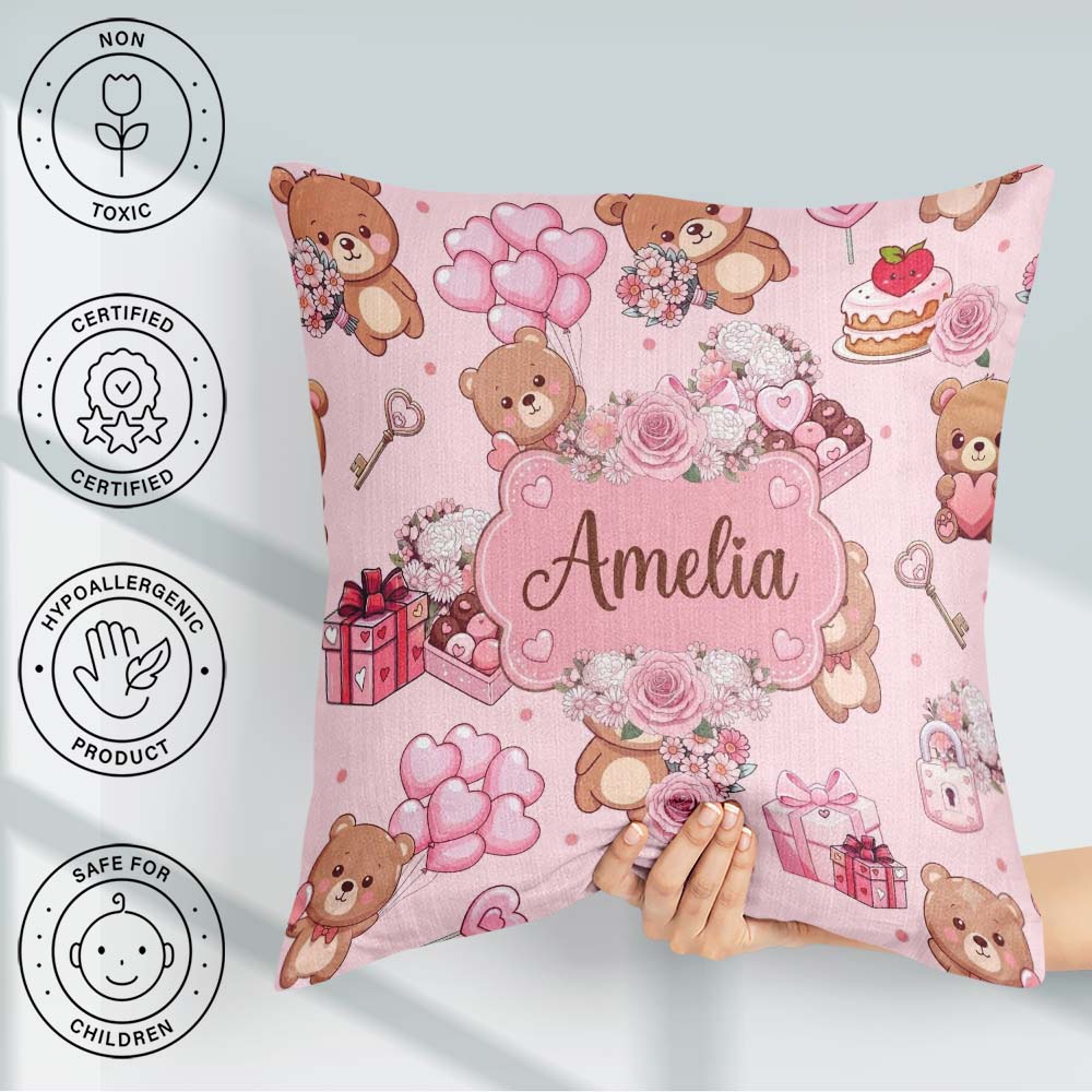 Custom Name Cute Teddy Bears Hearts Balloons Gifts Pink Seamless Square Filled Cushion Throw Pillow Sofa Bed Home Decor Zip Washable UK Made