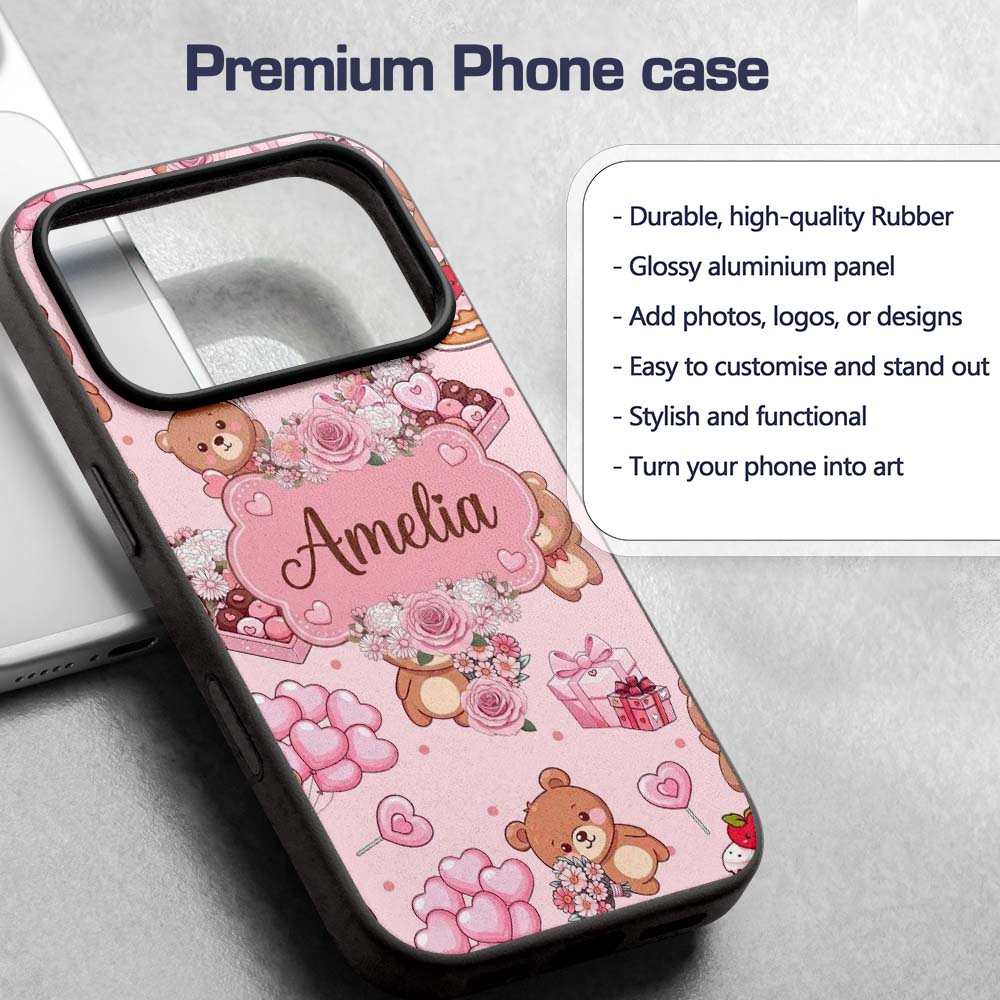 Cute Teddy Bears Hearts Balloons Printed Design Custom Name Protective Phone Case Mobile Cover Durable Everyday Smartphone Shock Resistant